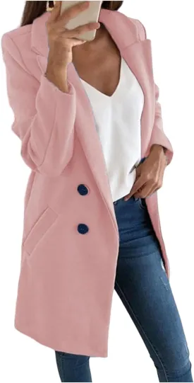 Womens Wool Coats Mid Length Double Breasted Trench Coat Business Casual Blazer Peacoat Jacket Fall Winter Fashion