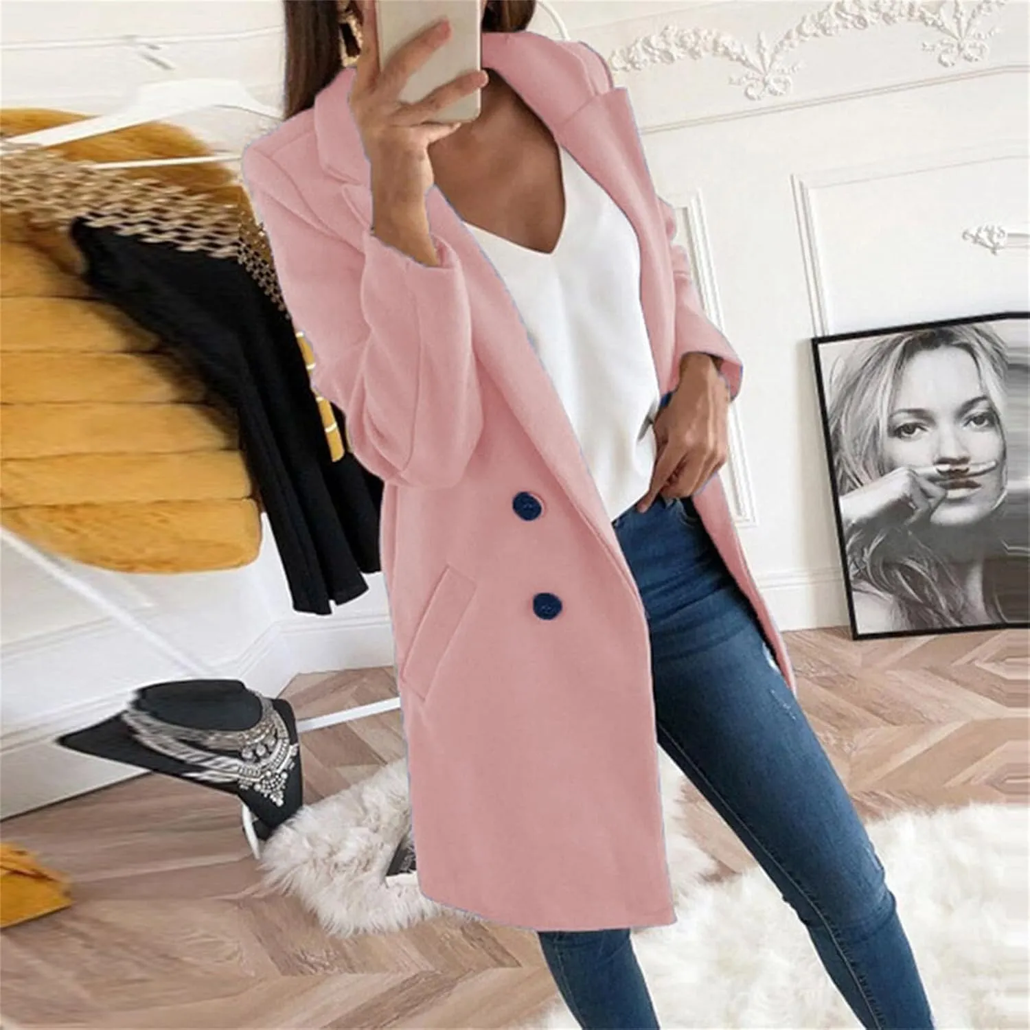 Womens Wool Coats Mid Length Double Breasted Trench Coat Business Casual Blazer Peacoat Jacket Fall Winter Fashion