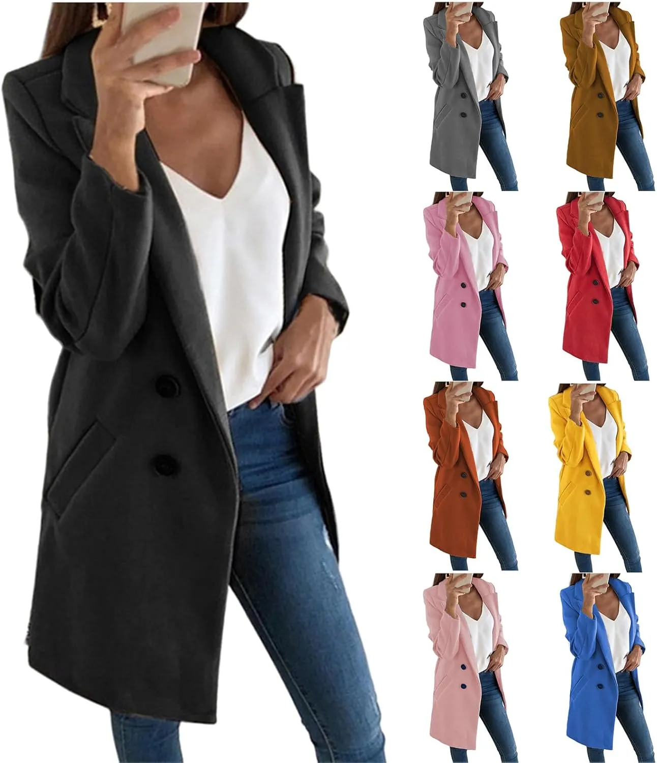 Womens Wool Coats Mid Length Double Breasted Trench Coat Business Casual Blazer Peacoat Jacket Fall Winter Fashion