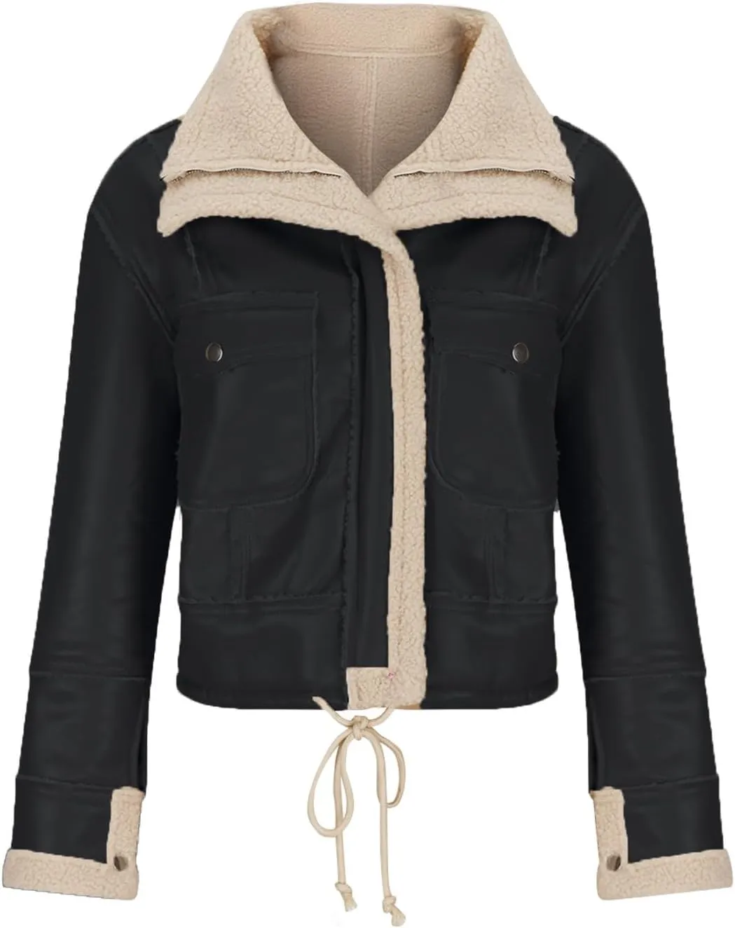 XUNRYAN Womens Faux Shearling Sherpa Faux-Leather Jackets Thick Fleece Lined Lapel Zipper Bomber Aviator Coat Winter Clothes